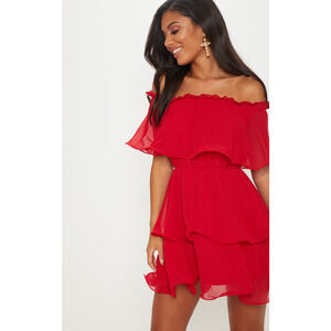 PrettyLittleThing Red Off the Shoulder Chiffon Ruffle Mini